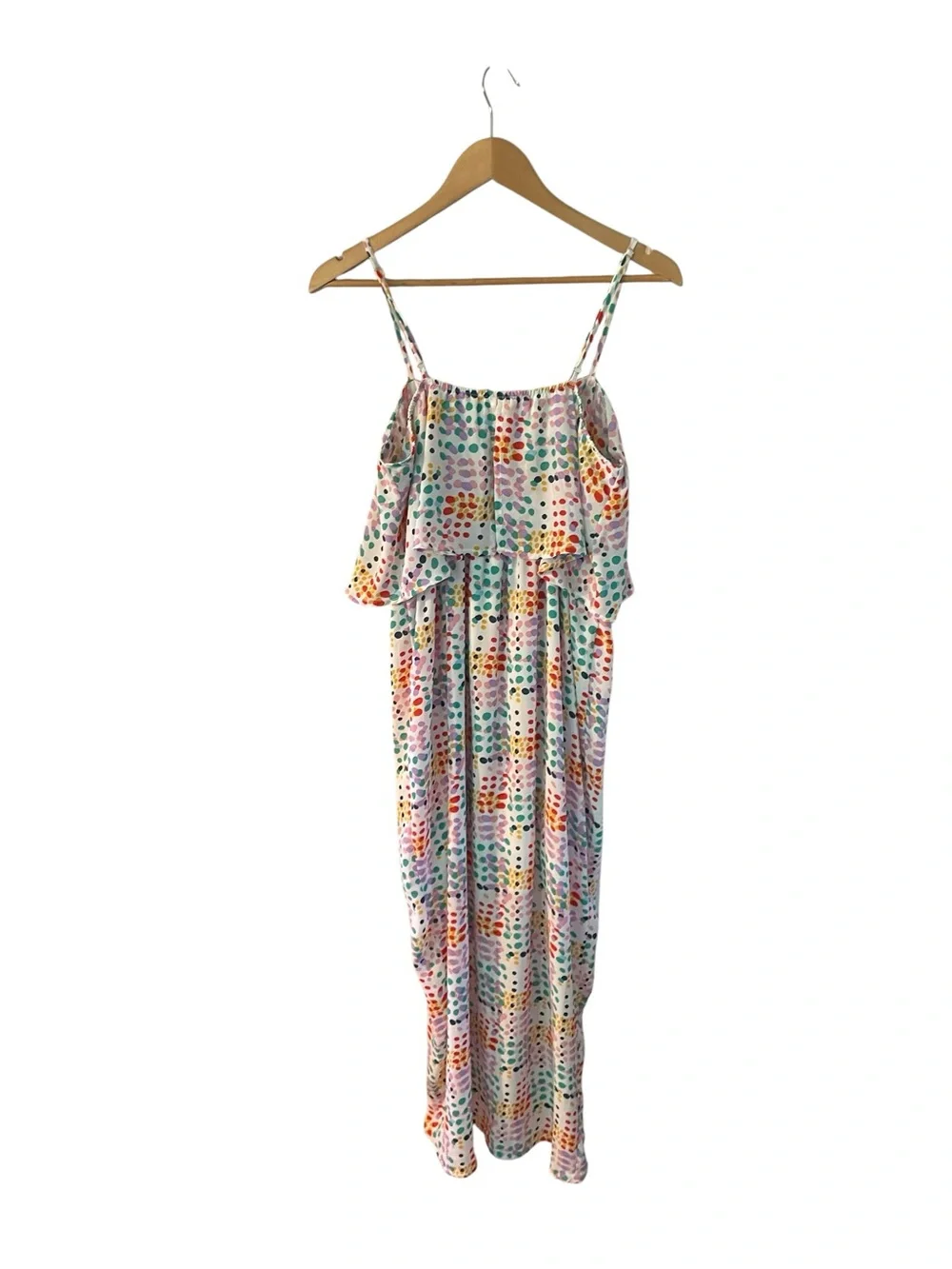 C50- Sleeveless White Multicolor Dot Print Maxi Dress